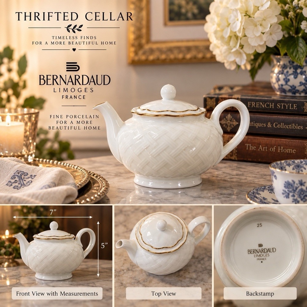 Bernardaud Limoges France 2 Cup Teapot White Basket Weave Gold Trim 7"